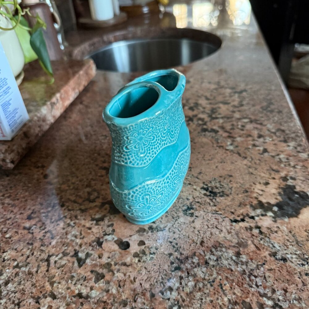 Bathroom Ceramic Trash Can & Toothbrush Holder Set Teal Bath Accessories Powder - Picture 7 of 11